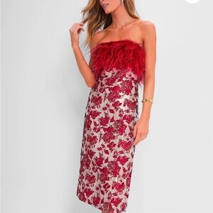 Elegant Red Strapless Dress with Feather Detail